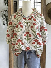 Ruffle collar blouse with red floral print and ruffle trim, 3/4 sleeves