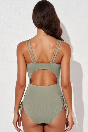 Sage ribbed one-piece swimsuit with cutout back and adjustable tie sides