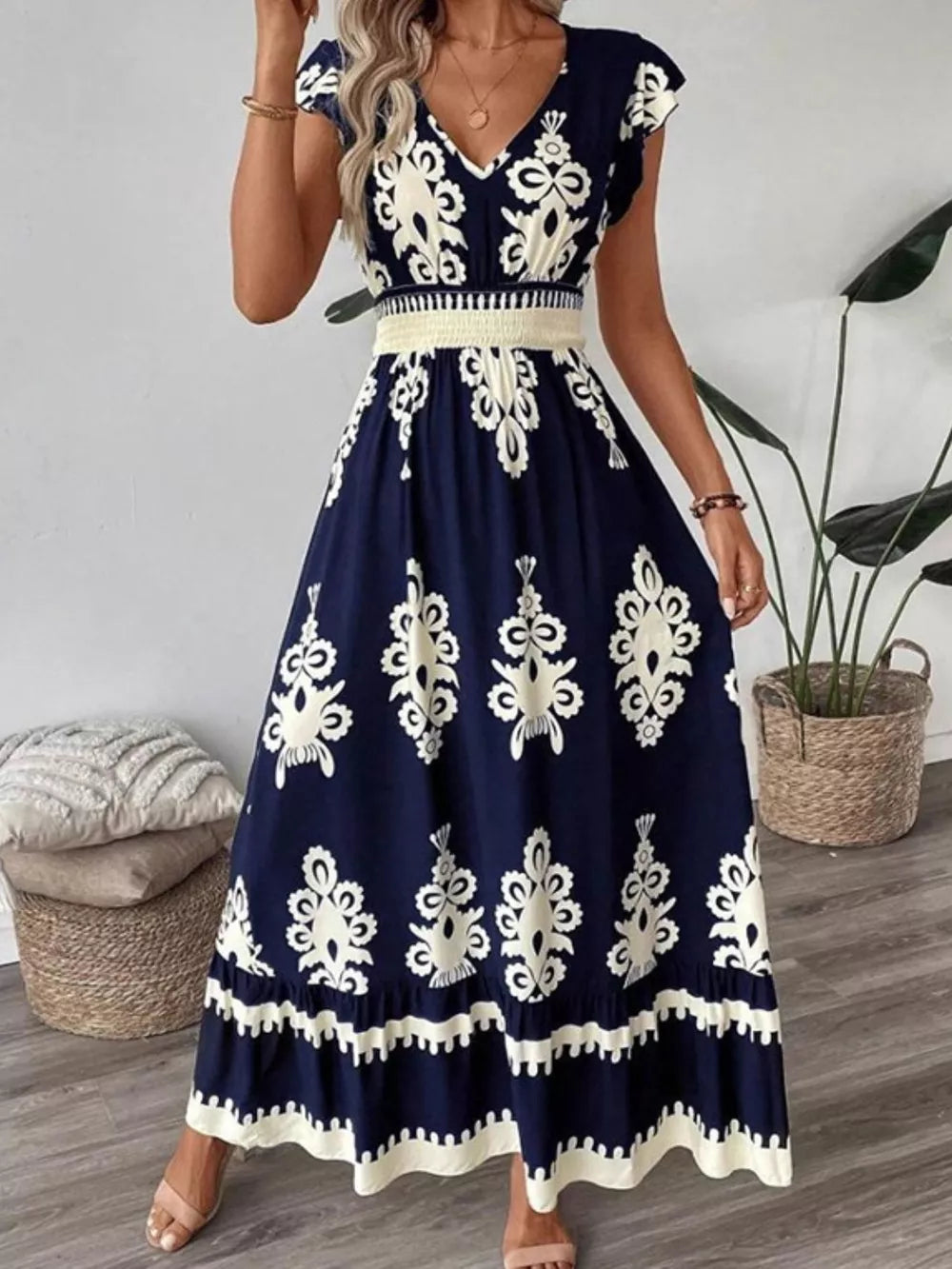 Ruffled Printed V-neck Maxi Dress in Dark Navy, model styling view