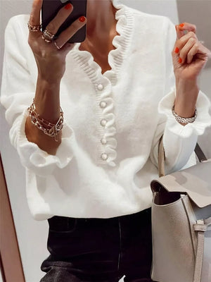 Ruffled Pearl Button Sweater in Black, model styling view