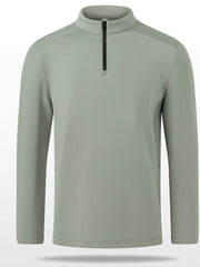Plus-size sage green quarter-zip sweatshirt with a mock neck and black zipper.
