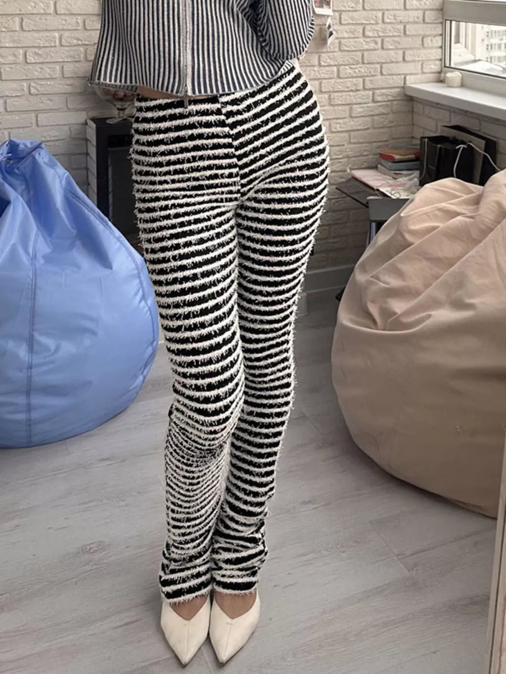 Striped Fuzzy Knit Pants in Army Green, front view