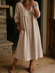 Full Size V-neck 3/4 Sleeve Midi Dress Plus Size, front view