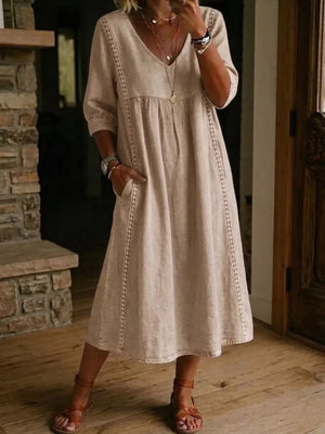 Full Size V-neck 3/4 Sleeve Midi Dress Plus Size, front view