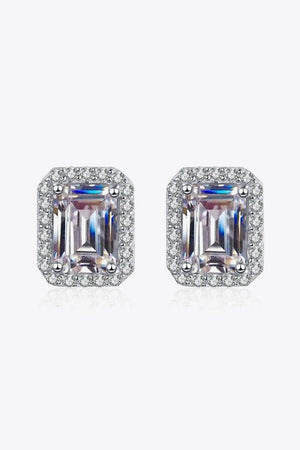 Radiant Emerald Cut Halo Studs in silver with sparkling cubic zirconia accents.