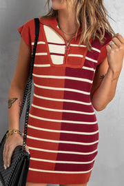 Colorblock ribbed mini dress with zip-neck and short sleeves in terracotta and burgundy stripes.