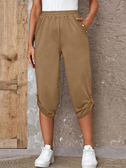 Camel culottes with button details and ruched hems