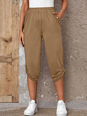 Camel culottes with button details and ruched hems
