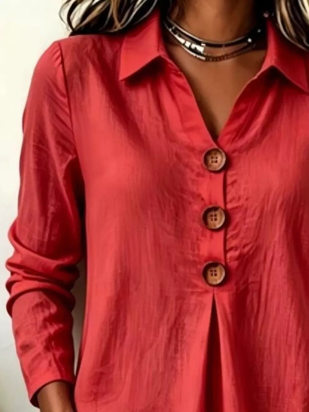 Button Detail Long Sleeve Blouse in Light Blue, fit detail