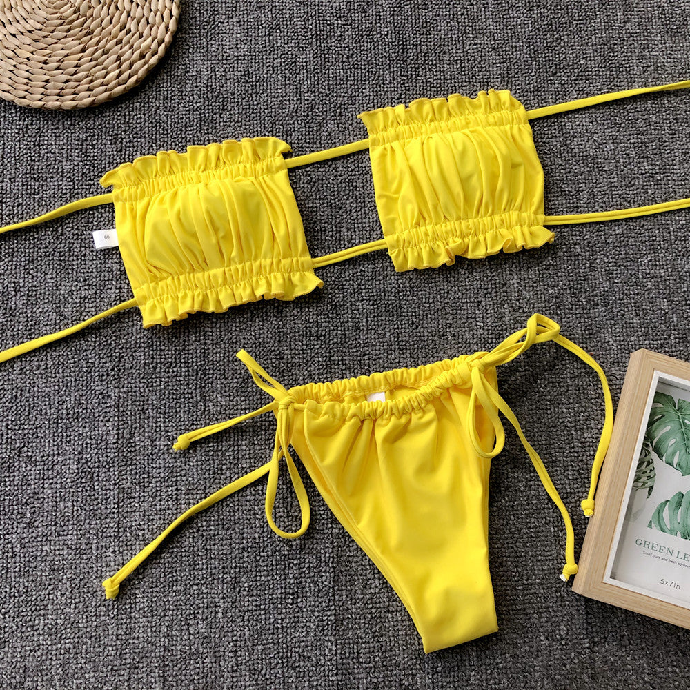 Yellow bandeau bikini set with ruffled trim and tie sides