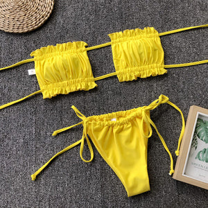 Yellow bandeau bikini set with ruffled trim and tie sides