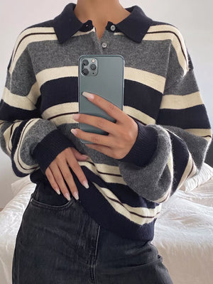 Striped Long Sleeve Button Detail Sweater in Dark Blue, model styling view