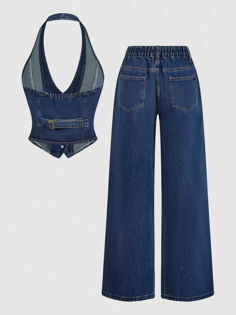 Halter Neck Denim Vest And Wide-leg Jeans Set, side view