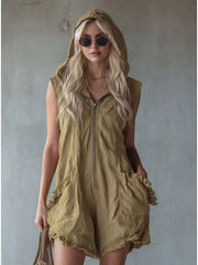 Khaki hooded sleeveless romper with ruffled pockets and zipper front.