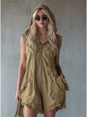 Khaki hooded sleeveless romper with ruffled pockets and zipper front.