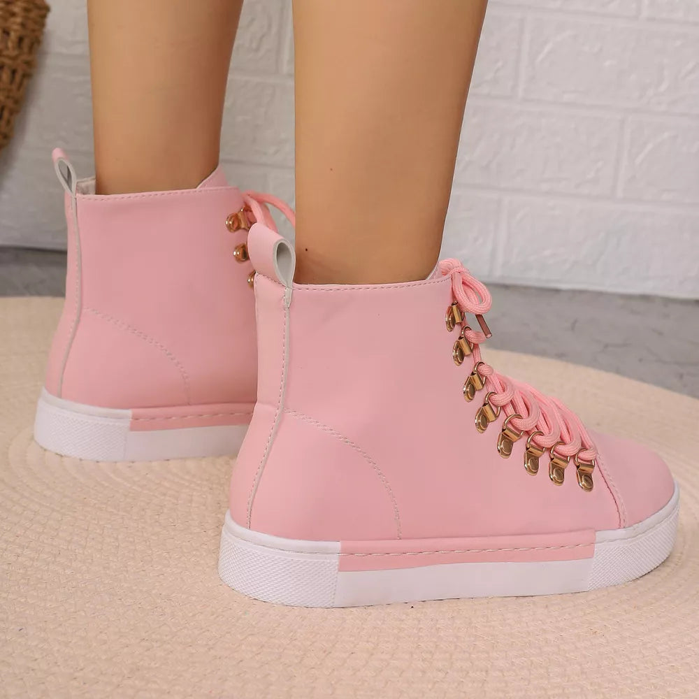 Pink lace-up platform sneakers with D-rings and white soles