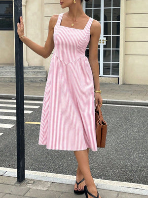 Pink striped square neck midi dress with a-line cut and cotton blend fabric.
