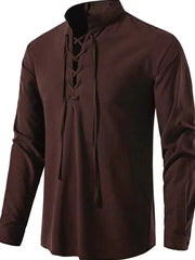 Coffee brown linen shirt with mandarin collar and lace-up detail