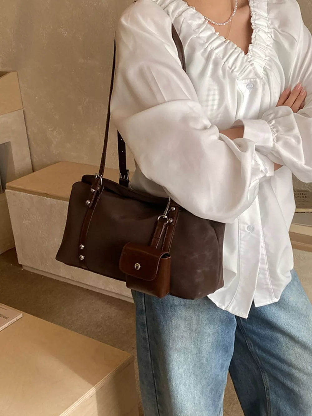 Leather Shoulder Bag With Detachable Pouch in Brown, front view