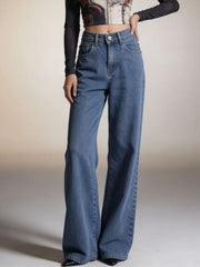 Maternity wide-leg jeans in blue denim with a high waist and classic five-pocket styling.
