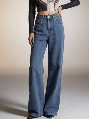 Maternity wide-leg jeans in blue denim with a high waist and classic five-pocket styling.