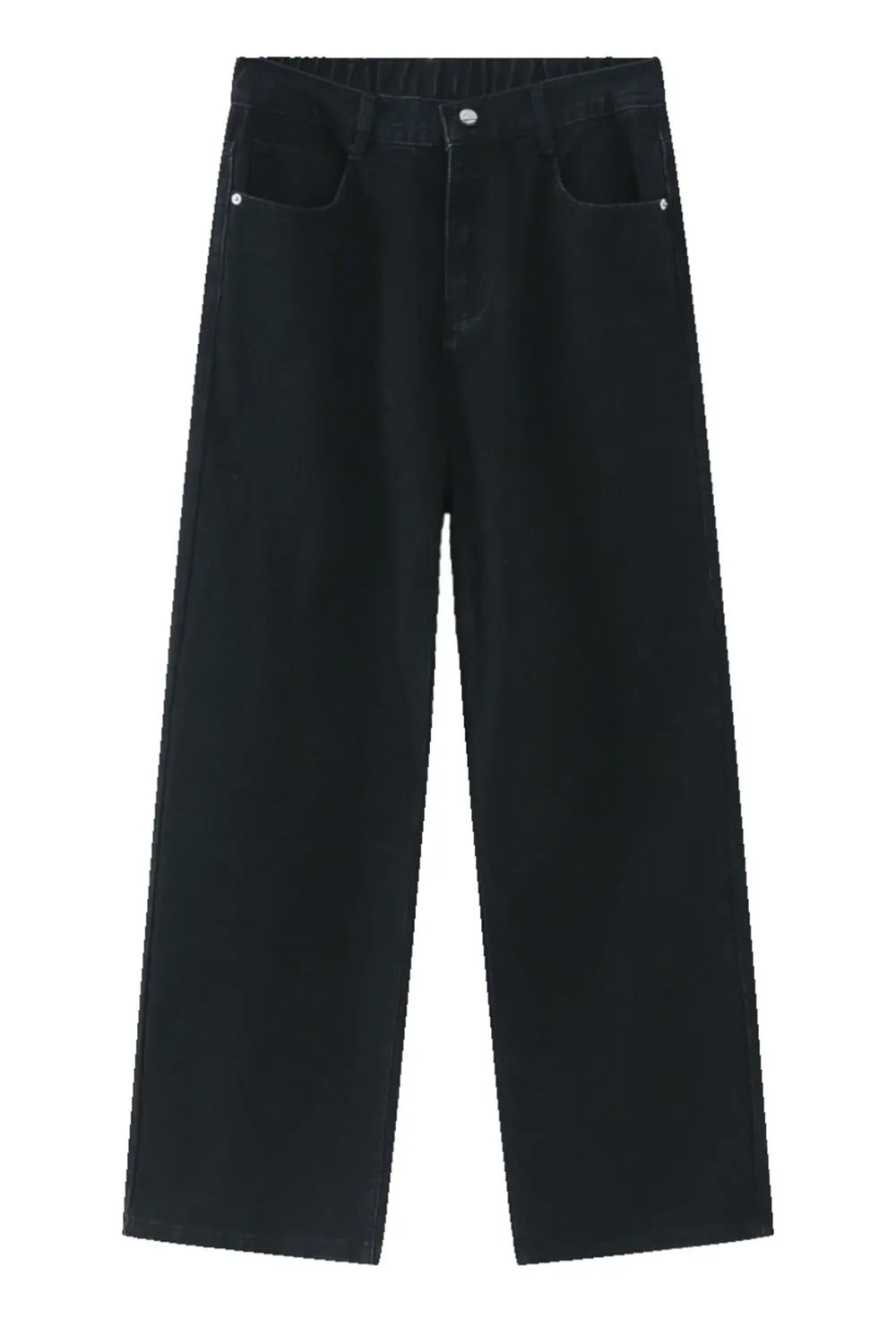 Black wide-leg denim trousers with elastic waist and button closure