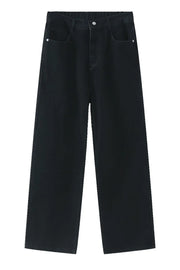 Black wide-leg denim trousers with elastic waist and button closure