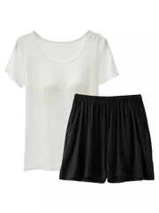 Milky white t-shirt with scoop neck and black shorts with pockets, women's pajama set.