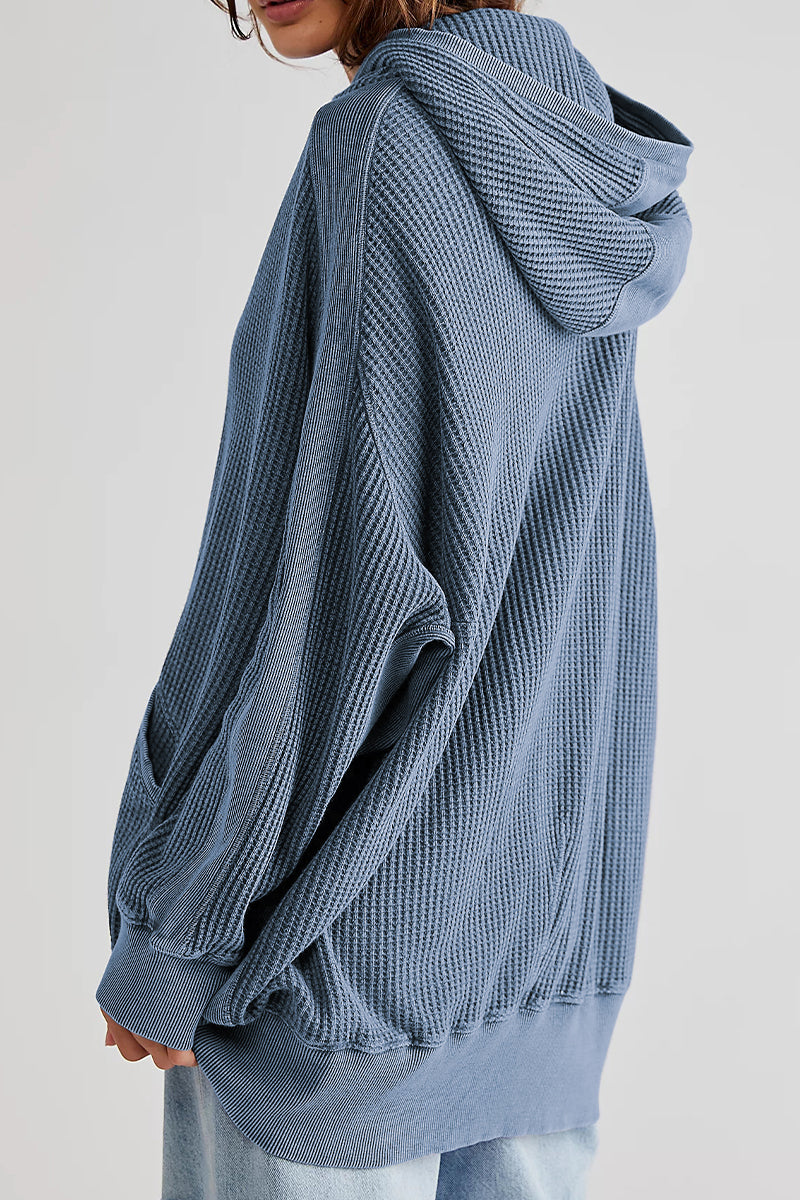 Waffle knit zip-through hoodie in Deep Teal with a relaxed fit and cuffed sleeves.