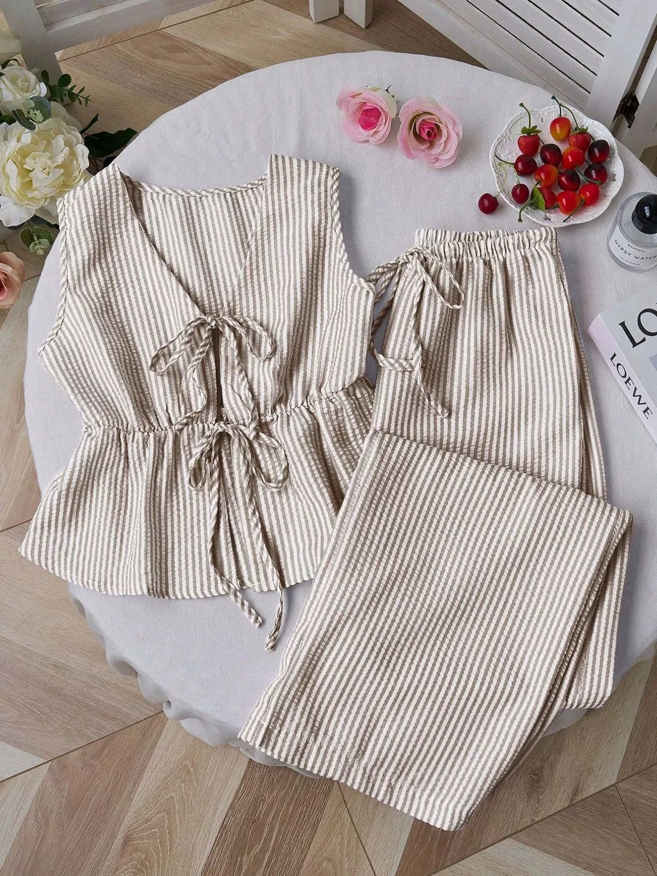 Striped Tie-front Sleeveless Top And Pants Set, view 11