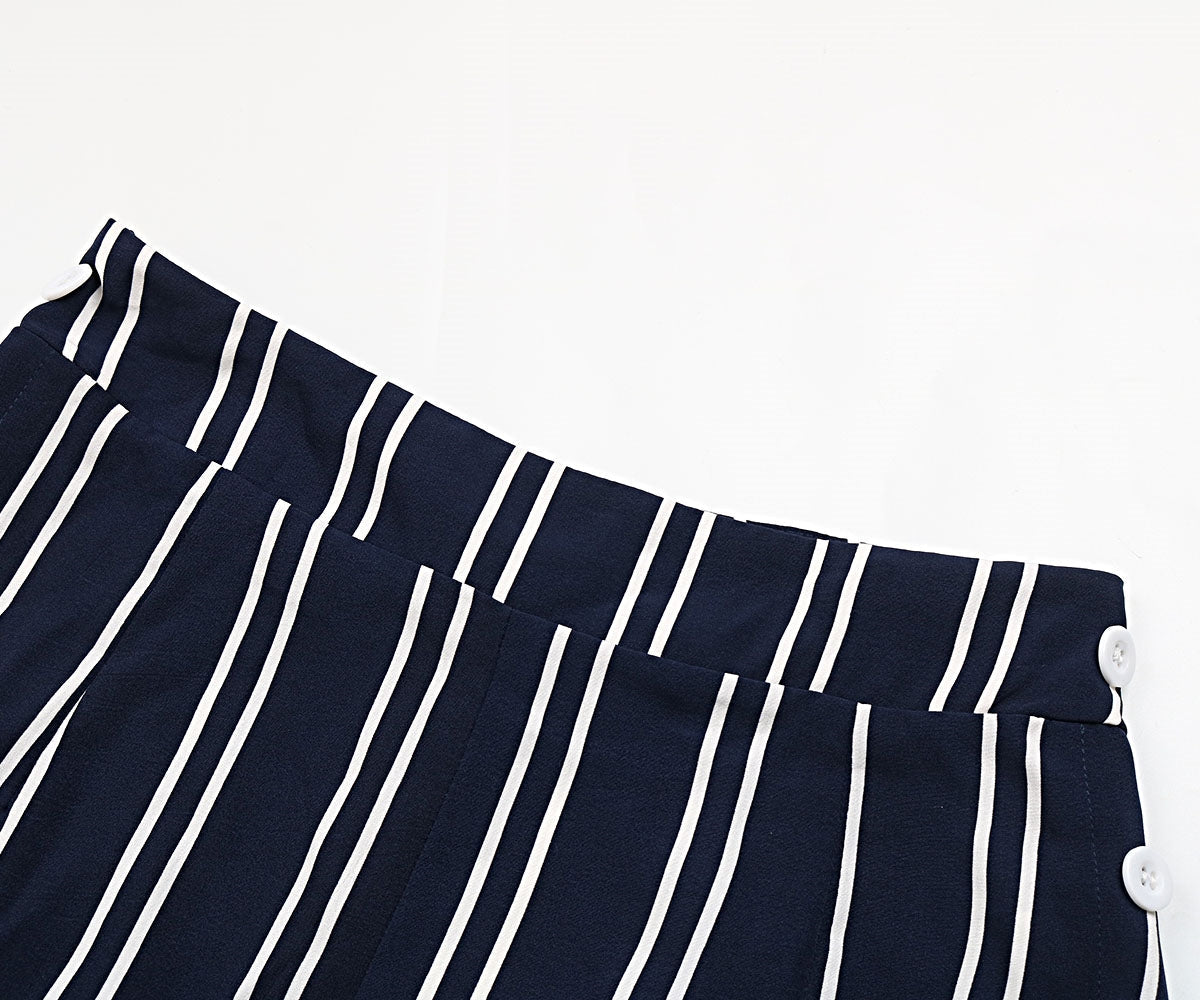 Dark blue vertical stripe palazzo trousers with button detail