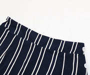 Dark blue vertical stripe palazzo trousers with button detail