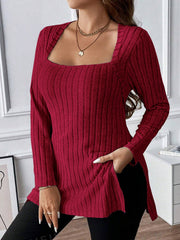 Burgundy ribbed knit tunic with square neckline and side slits, long sleeves.