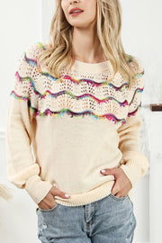 Cream acrylic sweater with rainbow scallop detail and open knit yoke.