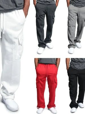 Cargo pocket fleece lounge trousers in white, dark gray, gray, red, and black with drawstring waist