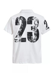 White cotton polo shirt with distressed black number 23 graphic on back