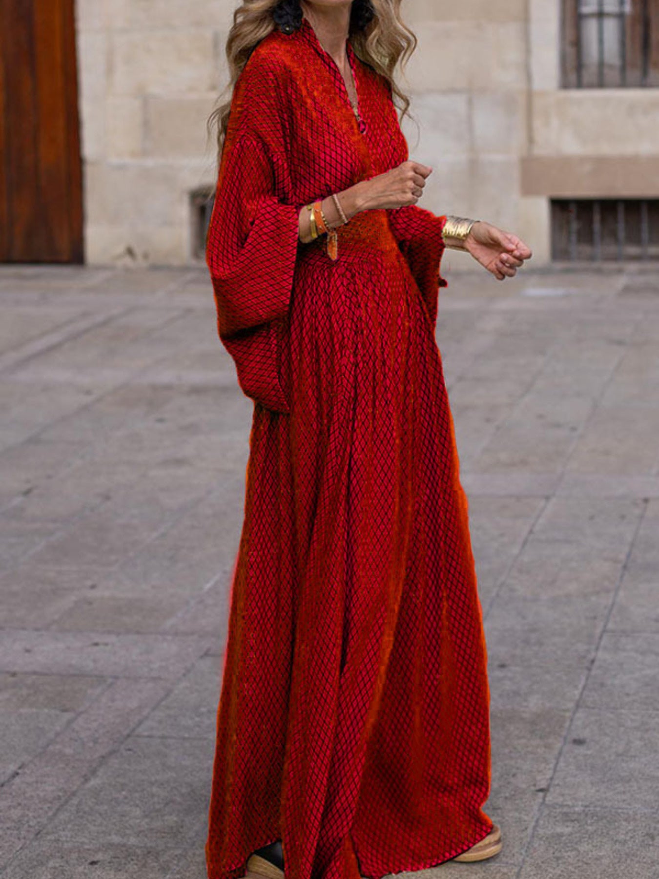 Elegant V-neck Maxi Dress With Flowy Sleeves in Black, model styling view