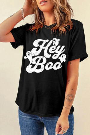 Black graphic tee with white distressed "Hey Boo" text and ghost graphics