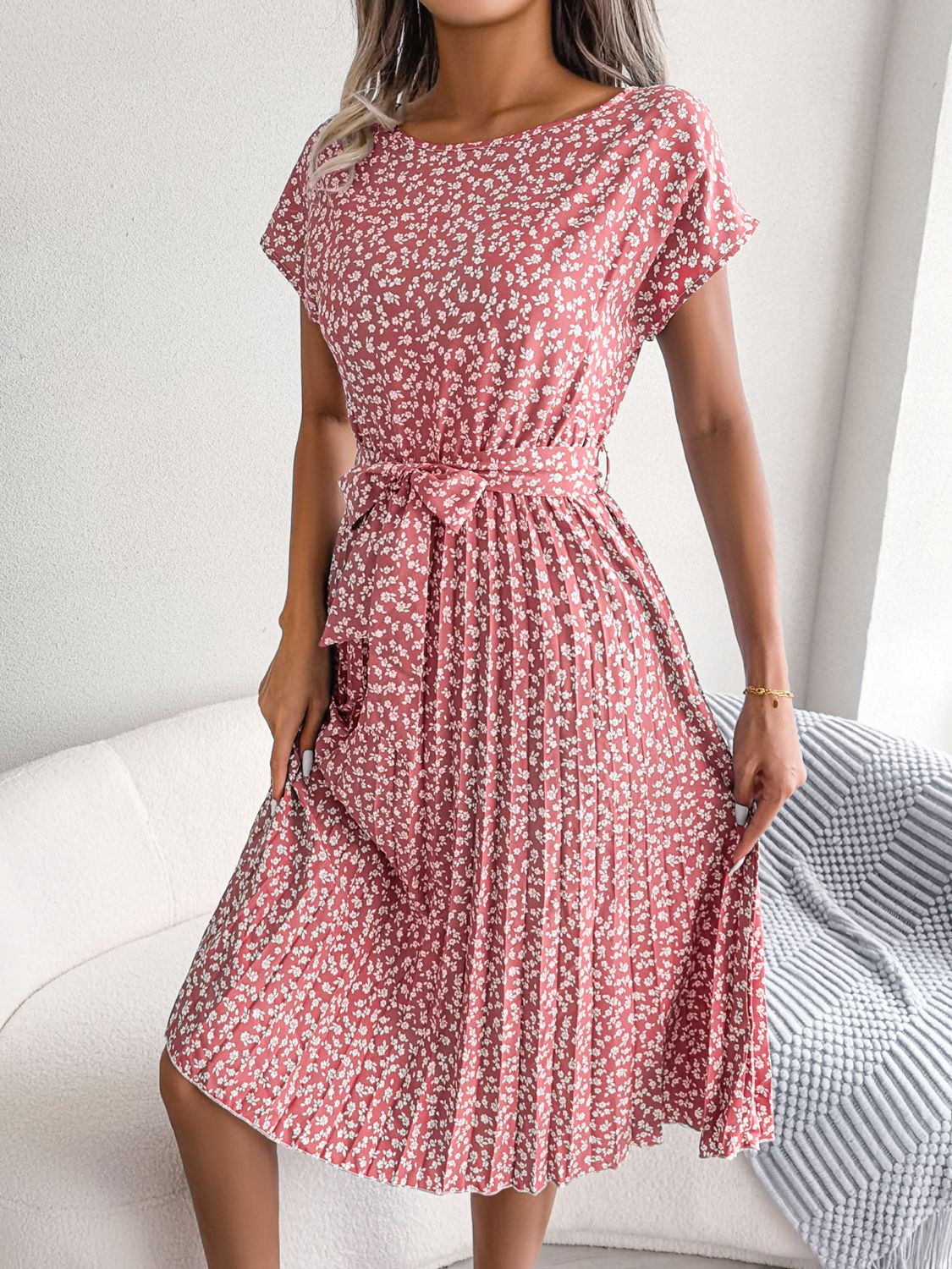 Floral print midi dress in blush pink with tie waist and pleated skirt