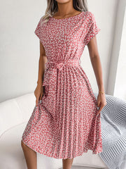 Floral print midi dress in blush pink with tie waist and pleated skirt