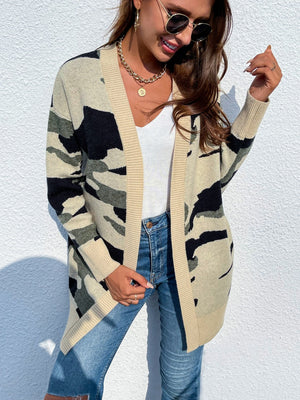 Camouflage knit longline cardigan with beige trim and ribbed cuffs.