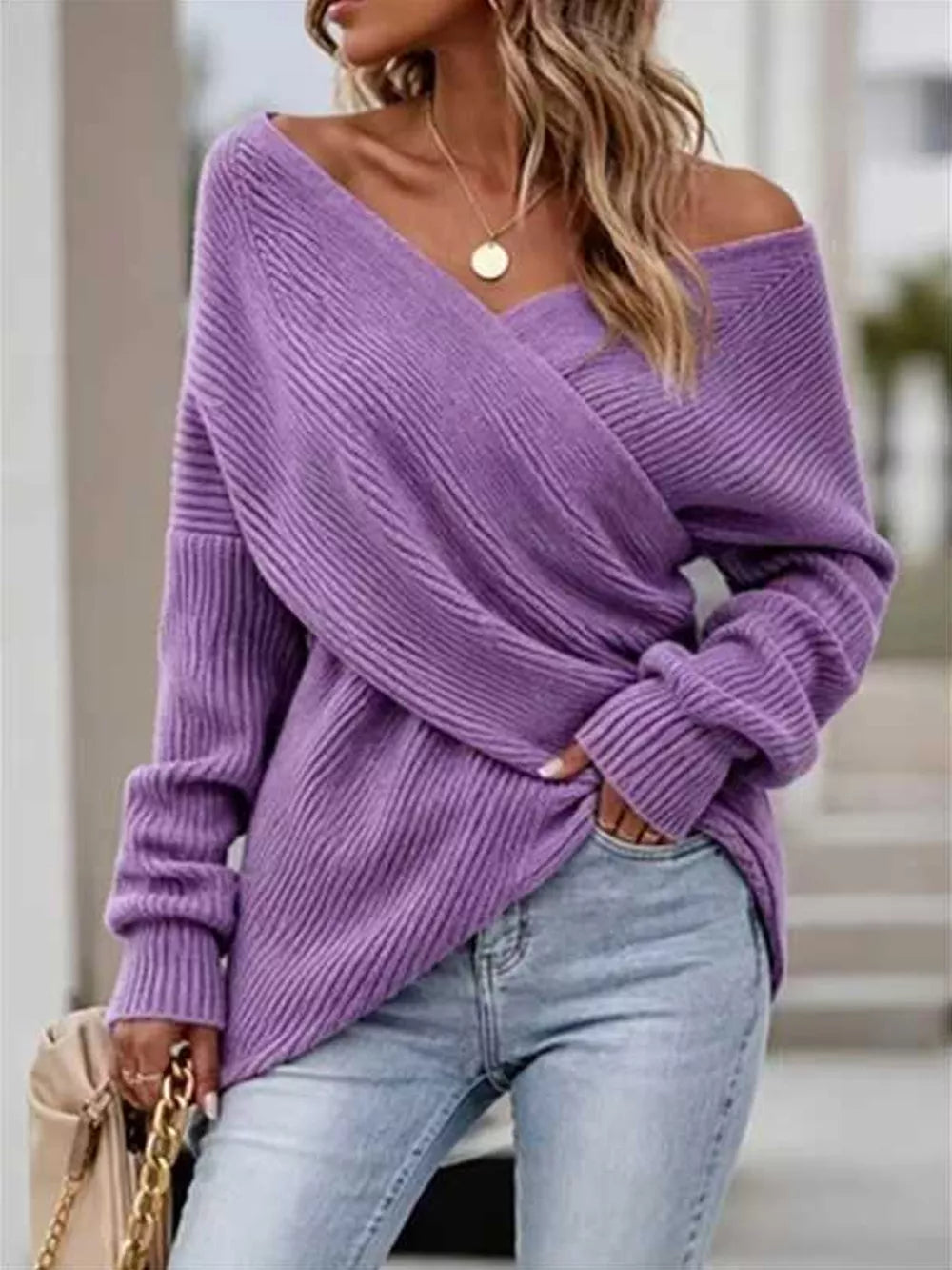 Crisscross Ribbed Knit Long Sleeve Sweater in Black, front view