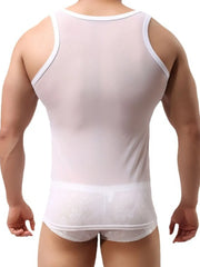 Sheer mesh muscle tank top in white with white trim, showing a breathable, casual style.