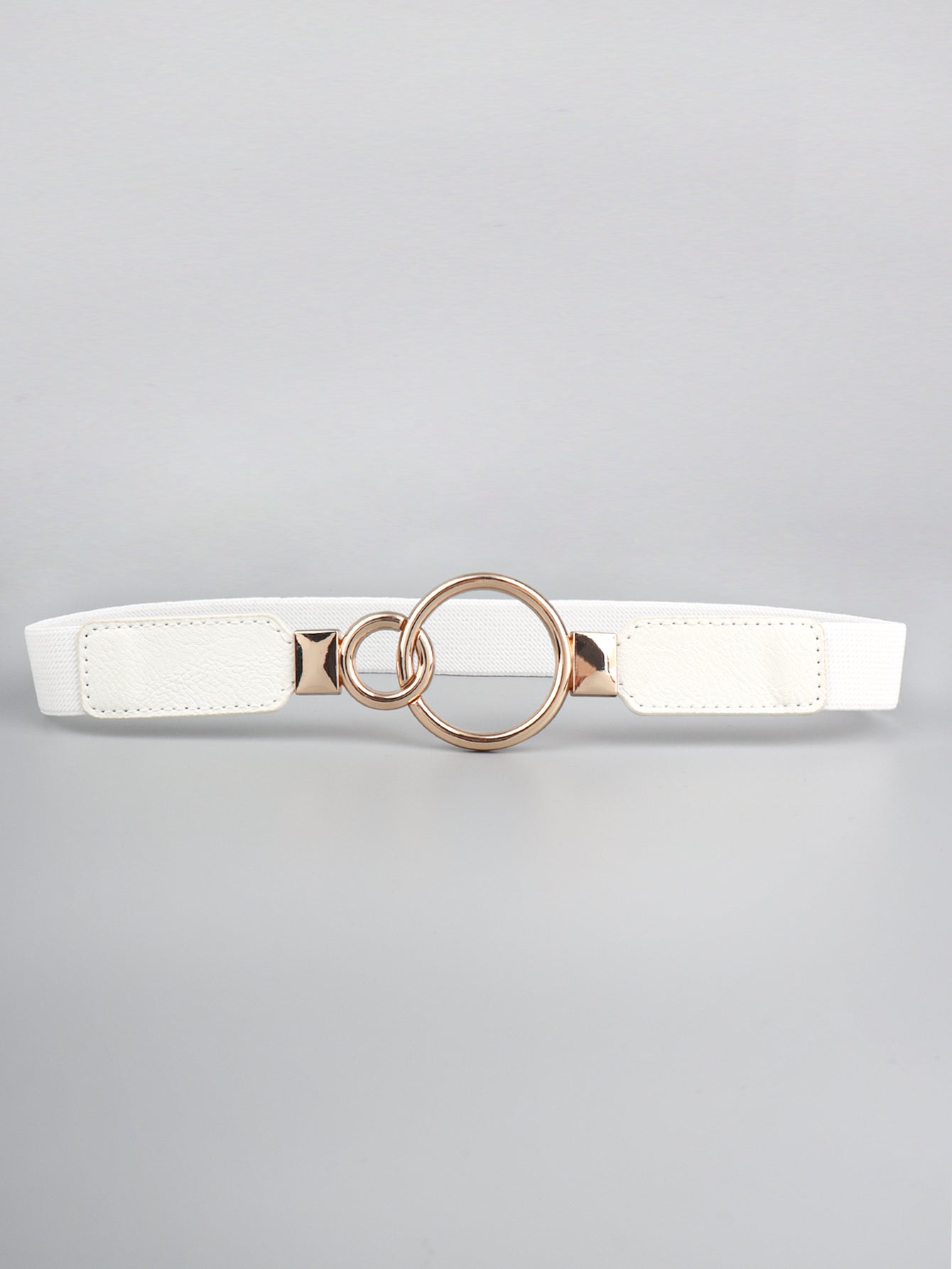 White elastic belt with interlocked gold rings and faux leather ends