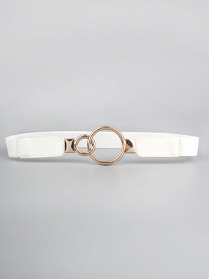 White elastic belt with interlocked gold rings and faux leather ends