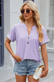 Lavender textured henley tee with rolled sleeves and button detail