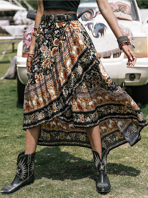 Bohemian floral asymmetric midi skirt with a multicolor print and ruffled hem.