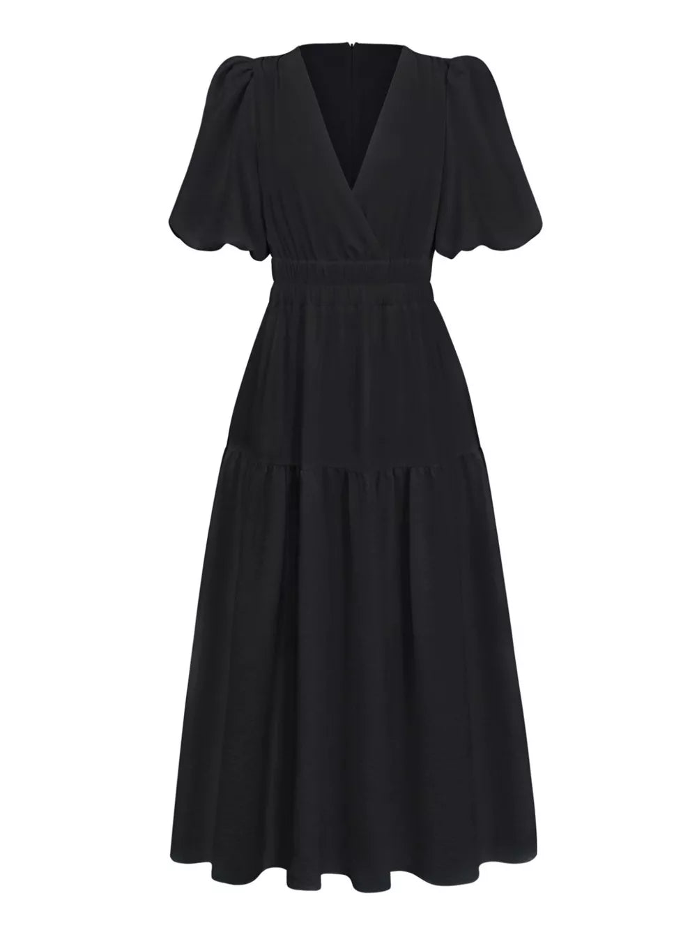 Elegant Puff Sleeve V-neck Midi Dress in Black, view 11