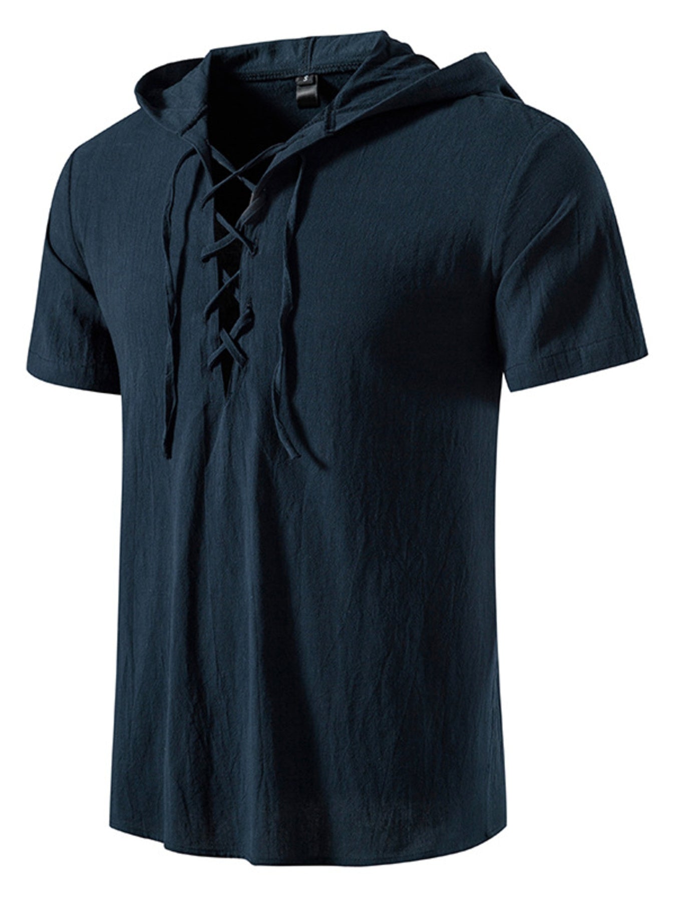 Men's navy short sleeve lace-up hooded top