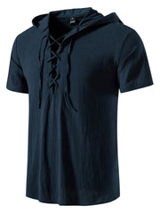 Men's navy short sleeve lace-up hooded top